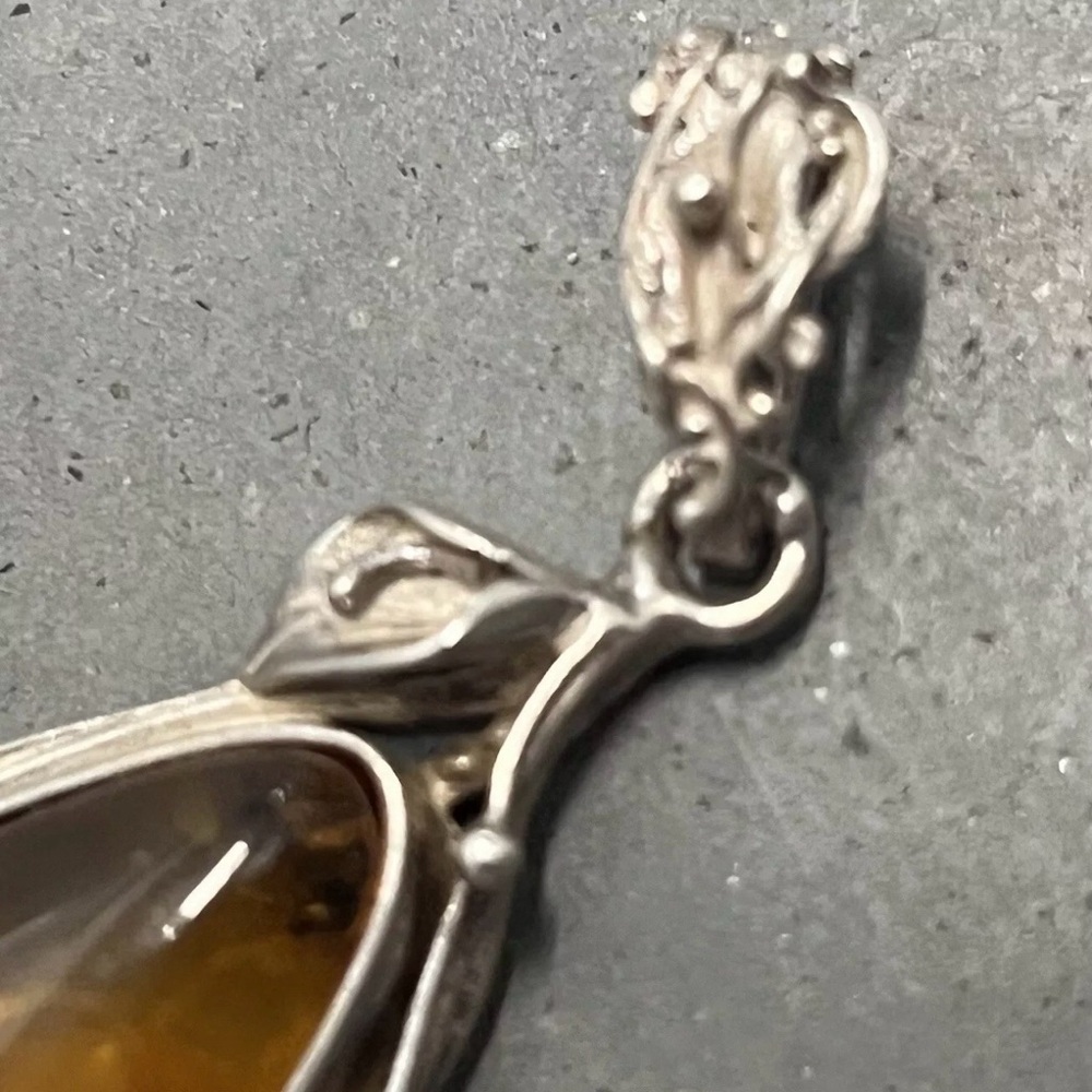 Teardrop Shaped Amber and Intricately Designed Silver Pendant - Picture 3 of 8